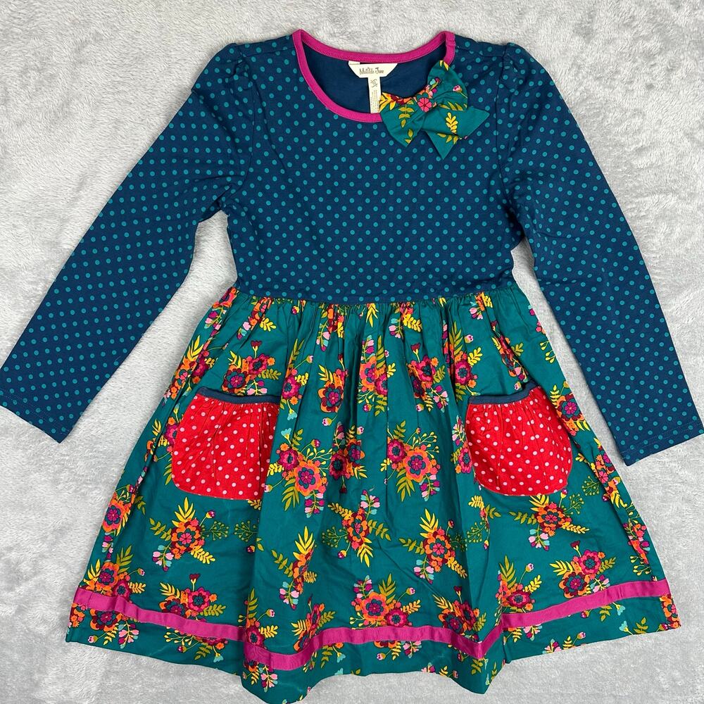 Matilda Jane Girls 10 Merry Merry Polka Dot Floral Long Sleeve Bow Dress 10Y